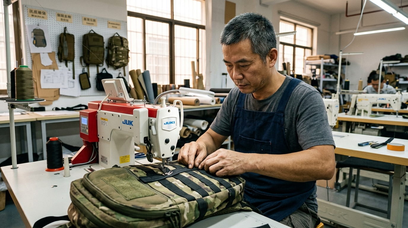 Master bagmaker artisan assembling a heavy-duty tactical backpack in clean R&D sample room