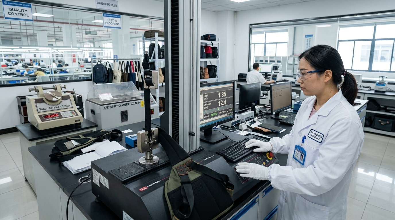 In-house quality assurance laboratory with computerized tensile strength testing machine, zipper fatigue tester, and abrasion equipment